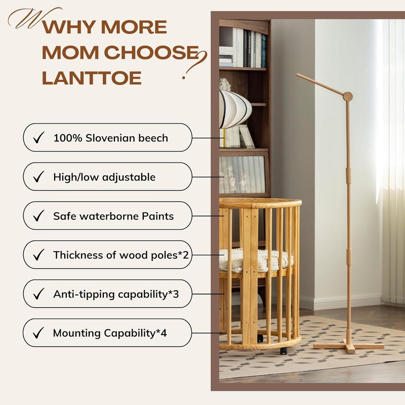 Lanttoe ذراع موبايل سرير خشبي قائم - 61 بوصة ذراع موبايل للسرير | حامل موبايل متحرك للأطفال | ملحق قوي مضاد للسقوط | 100% خشب زان طبيعي من الاتحاد الأوروبي | عمود خشبي أكثر سمكًا | ديكور حضانة بوهيمي - Image 2